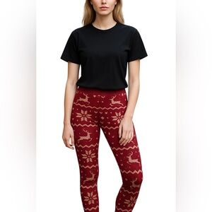 Women's Red Reindeer Snowflake Pattern Leggings